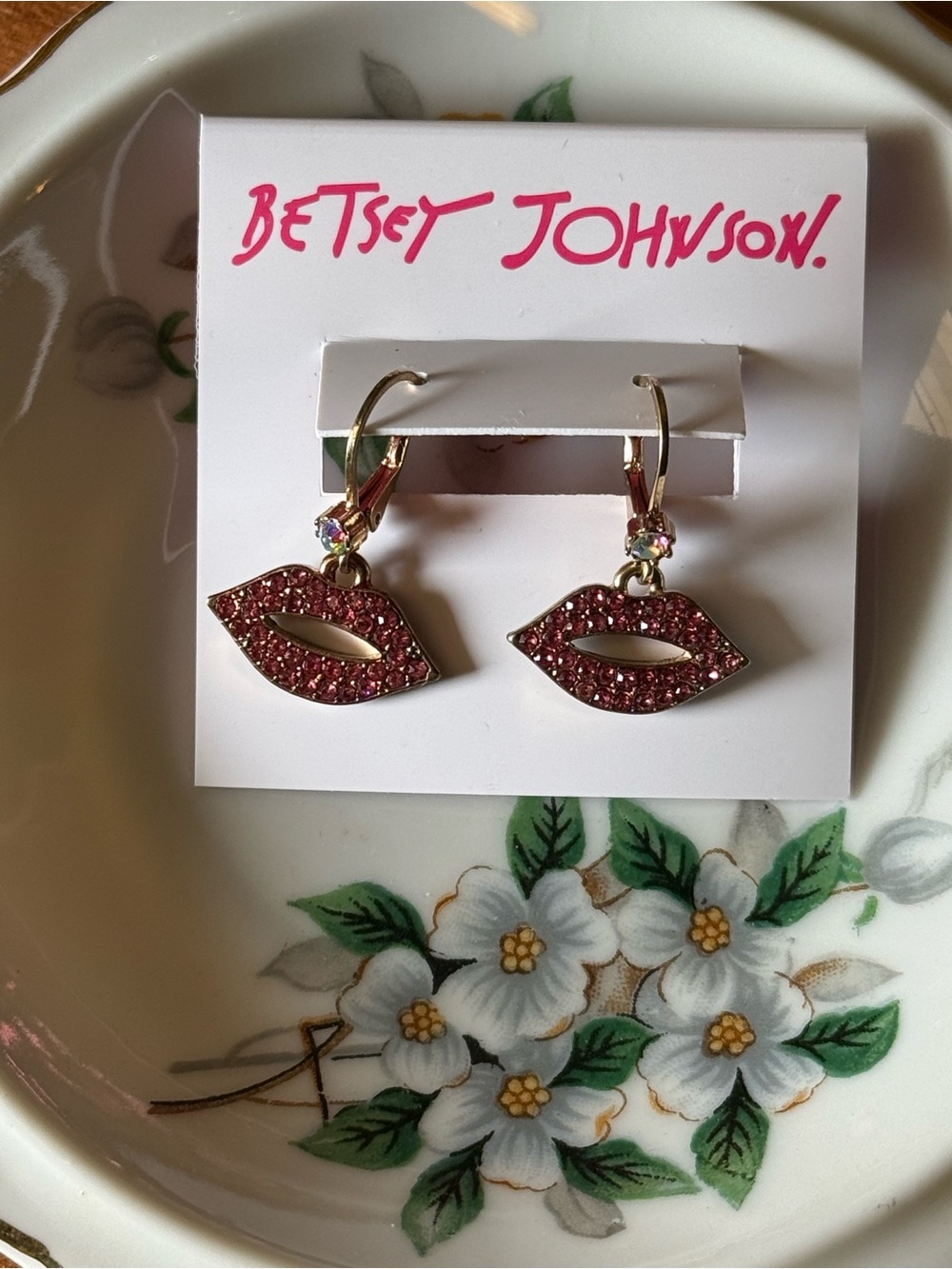 Betsey Johnson Pink Lip Crystal Dangle Earrings